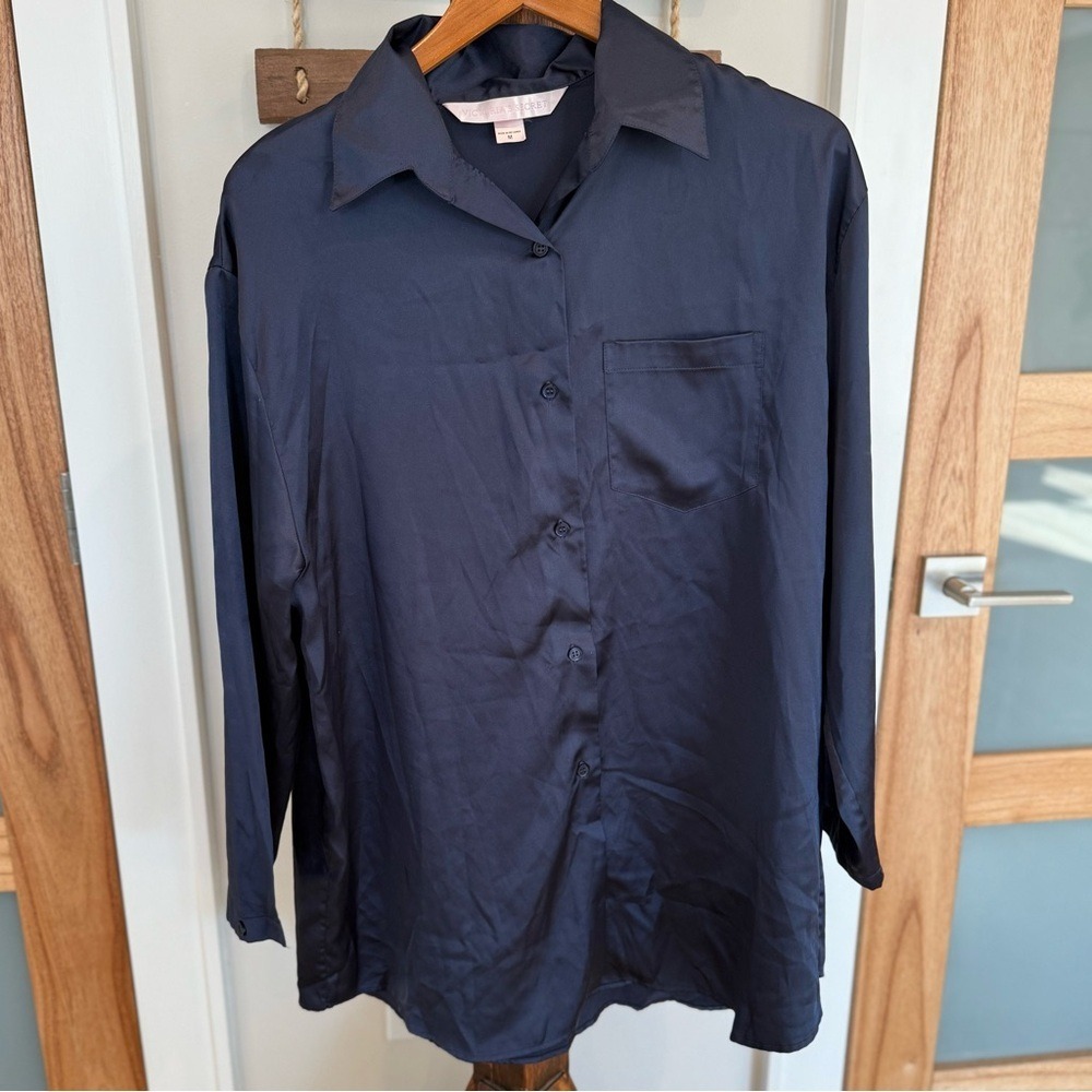 Victoria's Secret Women's Y2K Oversized Satin Navy Blue Nightshirt Medium EUC‎